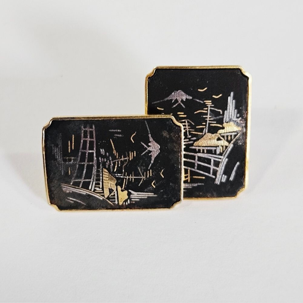 Amita Japan Vintage Damascene Gold Plated Pagoda Landscape Screw Back Earrings